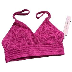 AQUA Crop Top Crochet Pink V-Neck Knit Spaghetti Strap Boho Festival Size Small